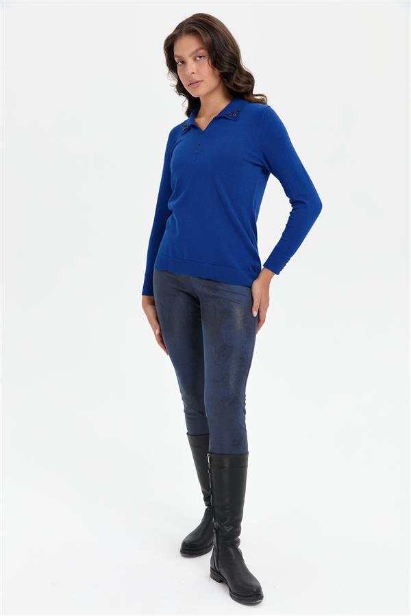 Kadın Polo Yaka Yakası İşlemeli Kazak K.Saks