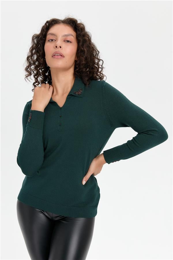 Kadın Polo Yaka Yakası İşlemeli Kazak Yeşil