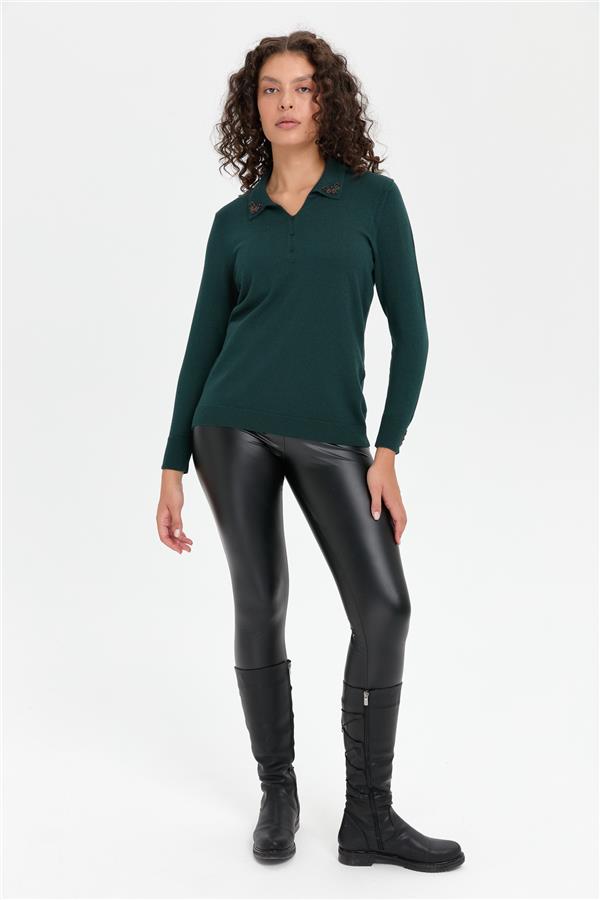 Kadın Polo Yaka Yakası İşlemeli Kazak Yeşil