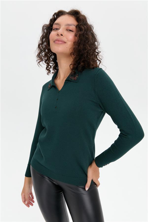 Kadın Polo Yaka Yakası İşlemeli Kazak Yeşil
