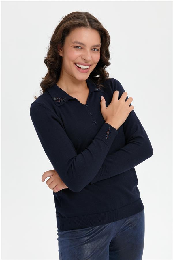 Kadın Polo Yaka Yakası İşlemeli Kazak K.Lacivert