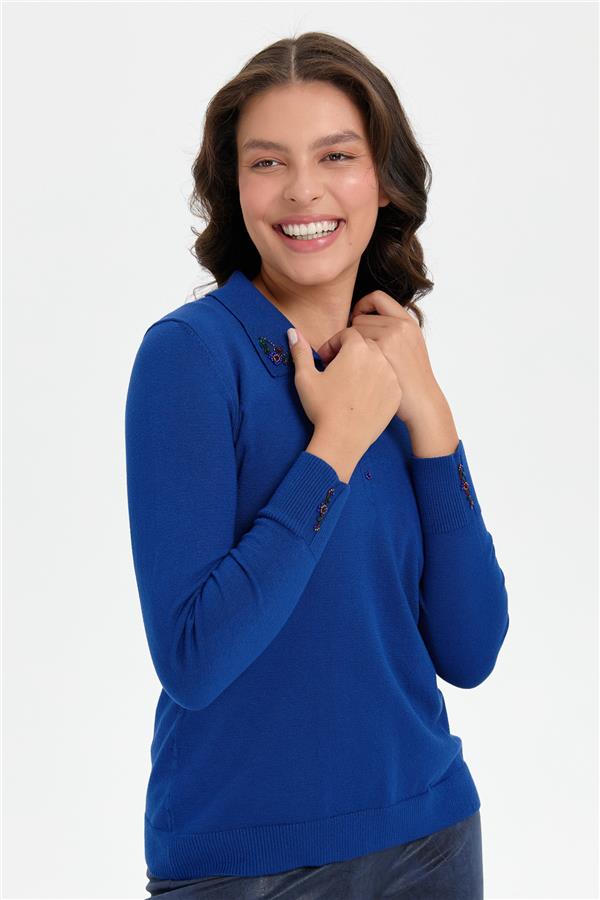 Kadın Polo Yaka Yakası İşlemeli Kazak K.Saks