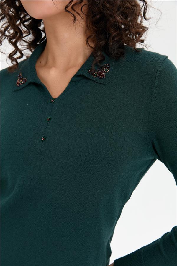 Kadın Polo Yaka Yakası İşlemeli Kazak Yeşil