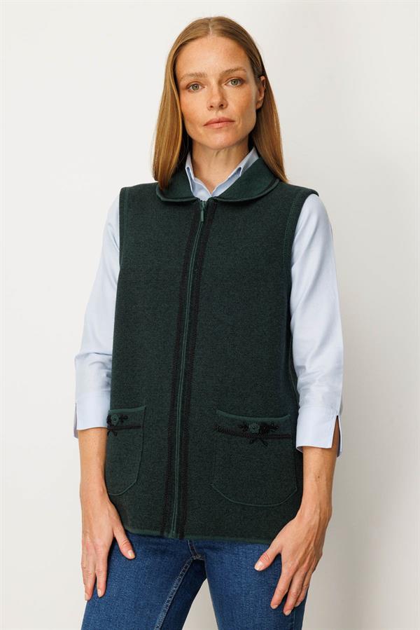 Kadın Polo Yaka Yakası Nakış İşlemeli Yün Yelek Yeşil