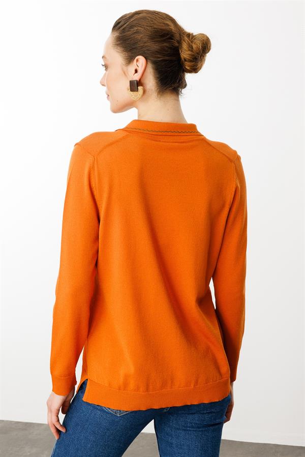 Kadın Polo Yaka Yakası Nakışlı Bluz Oranj
