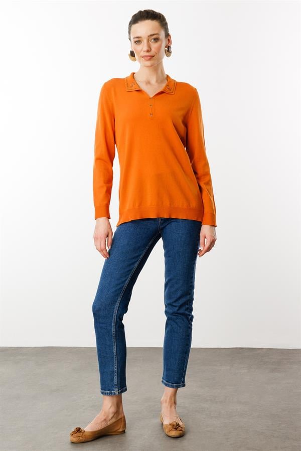 Kadın Polo Yaka Yakası Nakışlı Bluz Oranj