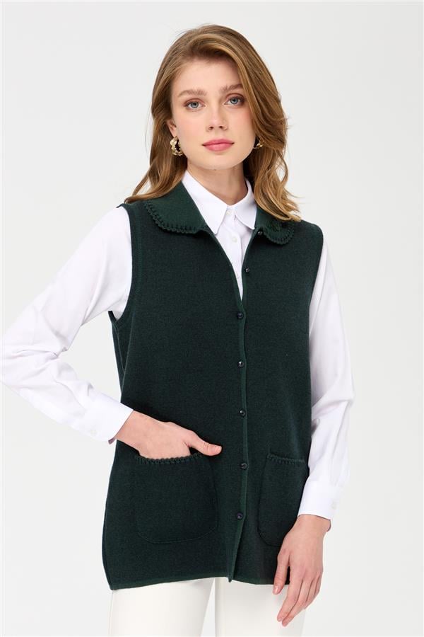 Женский шерстяной жилет с воротником-поло и карманами, зеленый