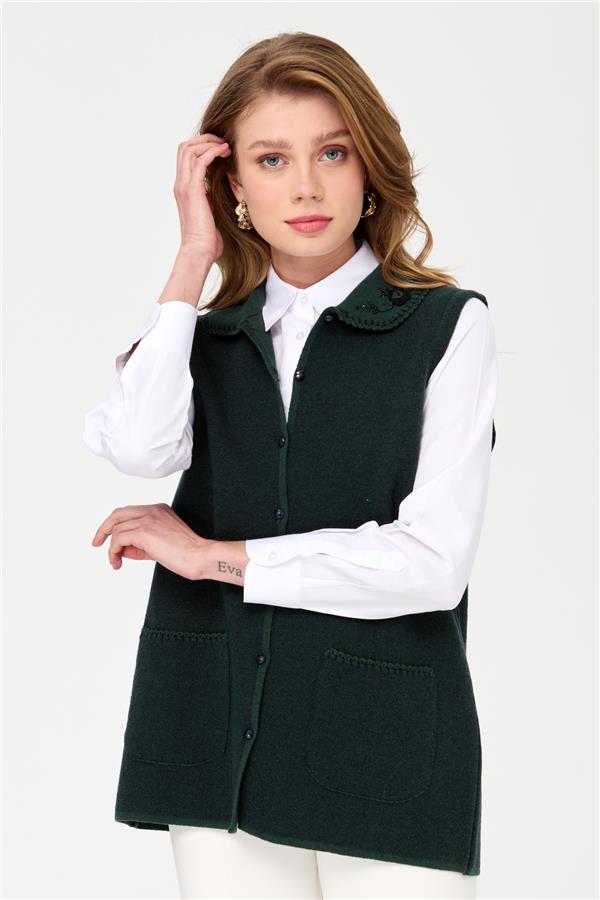 Женский шерстяной жилет с воротником-поло и карманами, зеленый