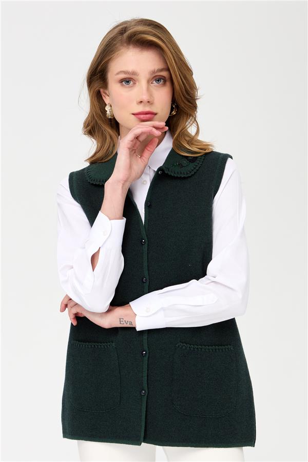 Женский шерстяной жилет с воротником-поло и карманами, зеленый