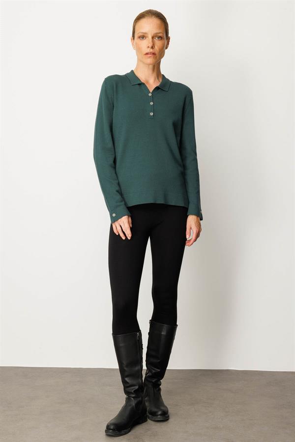 Kadın Polo Yaka Yakası ve Kolu Düğmeli Bluz Yeşil