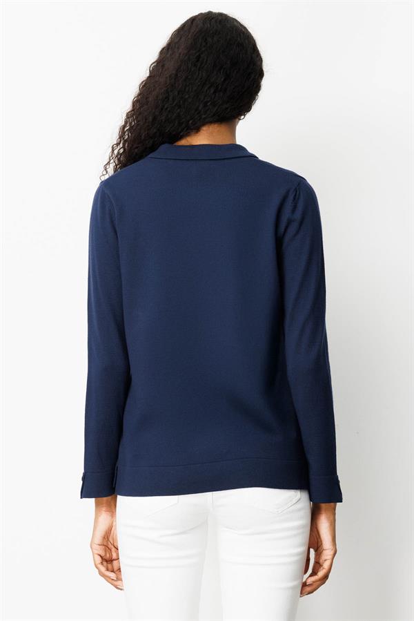 Kadın Polo Yaka Yakası ve Kolu Düğmeli Bluz Lacivert