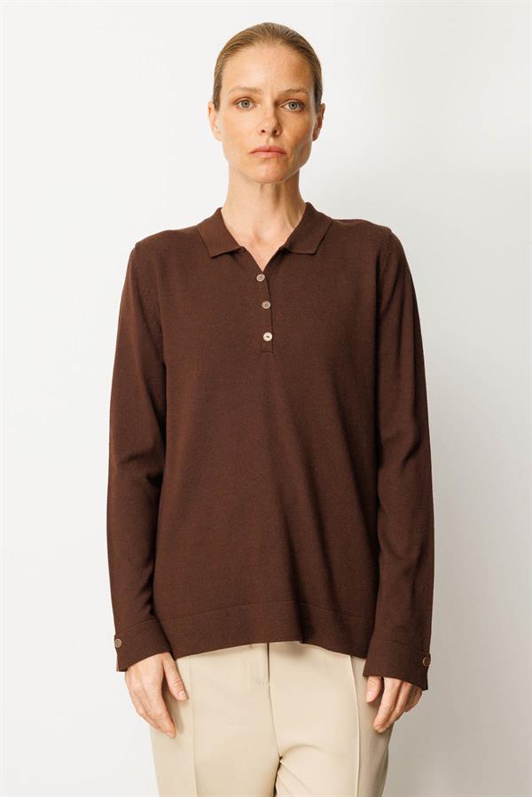 Kadın Polo Yaka Yakası ve Kolu Düğmeli Bluz M.Kahve