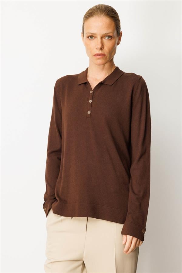 Kadın Polo Yaka Yakası ve Kolu Düğmeli Bluz M.Kahve