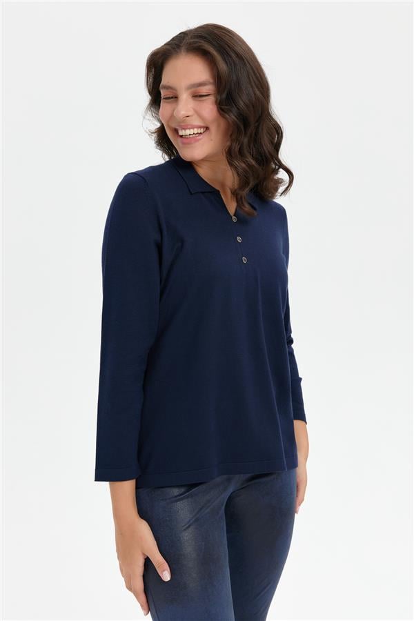 Kadın Polo Yaka Yanı Yırtmaçlı Kazak K.Lacivert