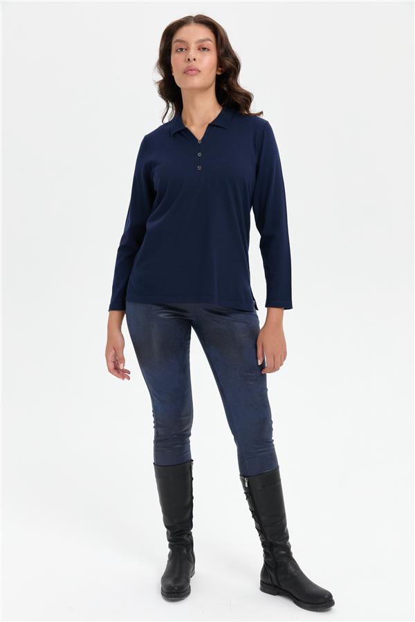 Kadın Polo Yaka Yanı Yırtmaçlı Kazak K.Lacivert