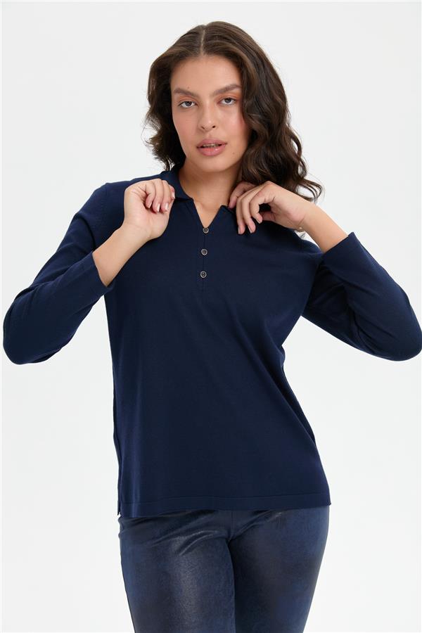 Kadın Polo Yaka Yanı Yırtmaçlı Kazak K.Lacivert