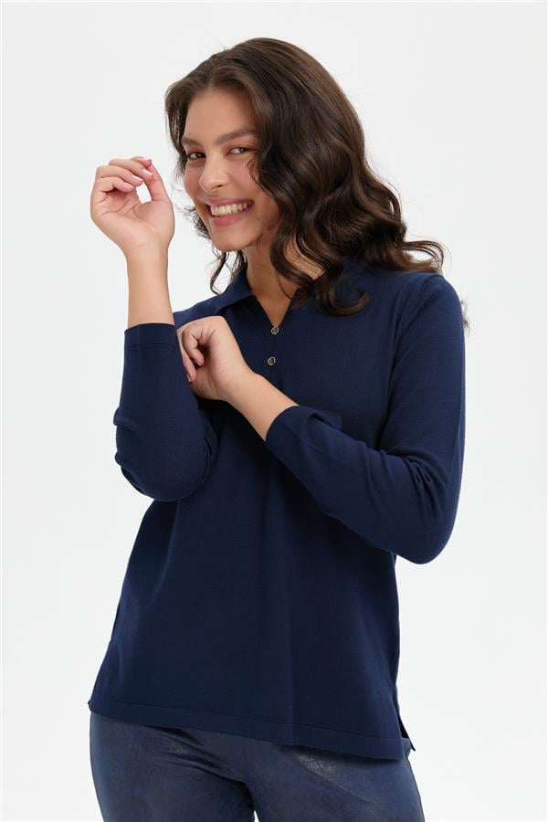 Kadın Polo Yaka Yanı Yırtmaçlı Kazak K.Lacivert