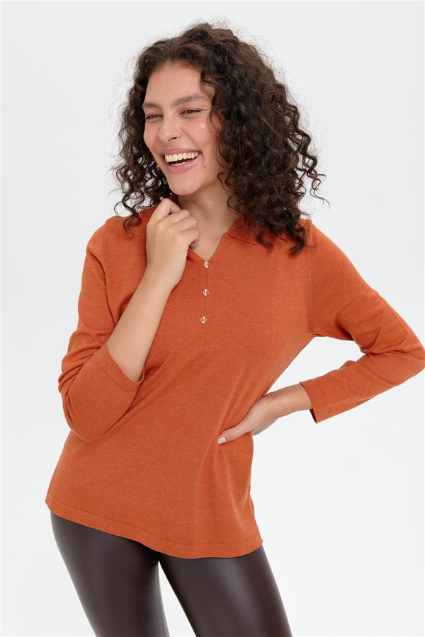 Kadın Polo Yaka Yanı Yırtmaçlı Kazak Portakal