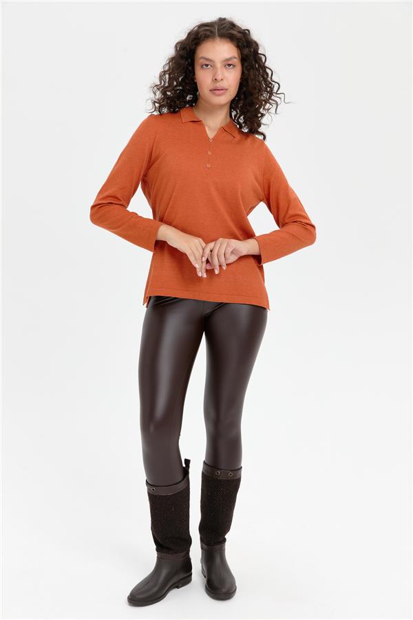 Kadın Polo Yaka Yanı Yırtmaçlı Kazak Portakal