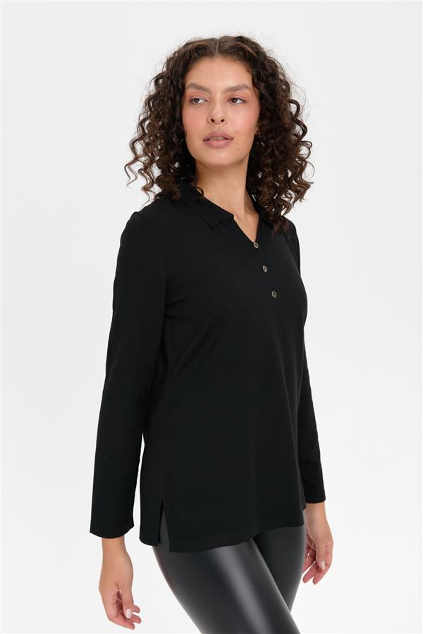Kadın Polo Yaka Yanı Yırtmaçlı Kazak Siyah