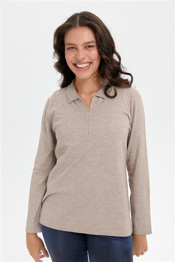 Kadın Polo Yaka Yanı Yırtmaçlı Kazak Vizon