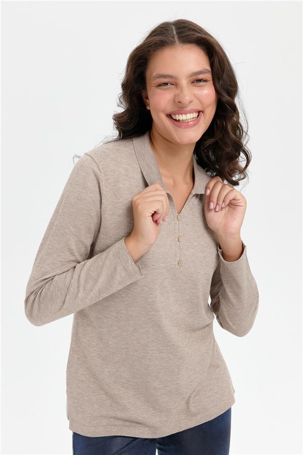 Kadın Polo Yaka Yanı Yırtmaçlı Kazak Vizon