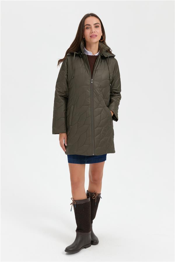 Kadın Polo Yaka Yanları Çıtçıtlı Yaprak Desenli Araboy Kapitone Kaban Yeşil