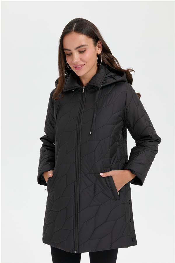 Kadın Polo Yaka Yanları Çıtçıtlı Yaprak Desenli Araboy Kapitone Kaban Siyah