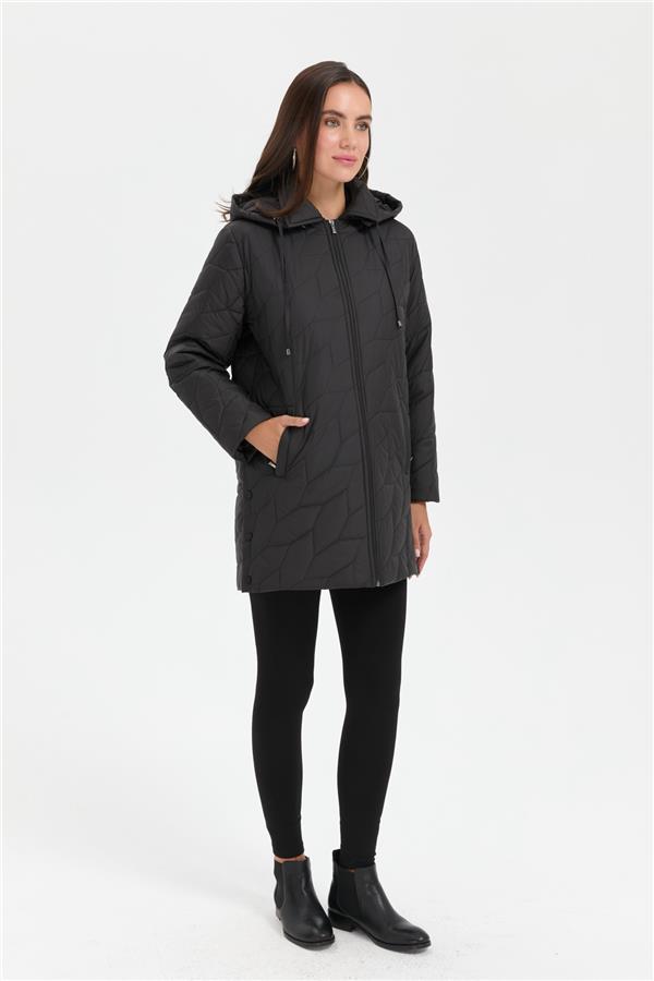 Kadın Polo Yaka Yanları Çıtçıtlı Yaprak Desenli Araboy Kapitone Kaban Siyah