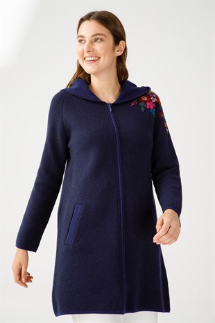 Женский шерстяной кружевной длинный кардиган пепельный темно-синий