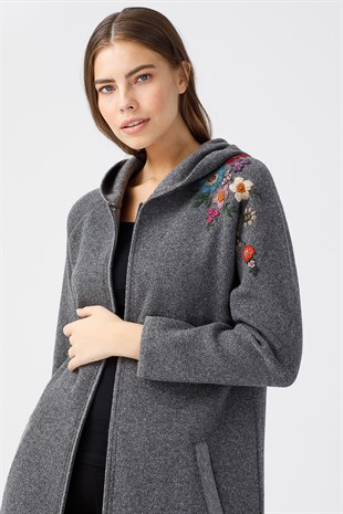 Женский шерстяной кружевной длинный кардиган серый