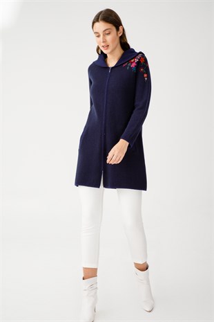 Женский шерстяной кружевной длинный кардиган пепельный темно-синий