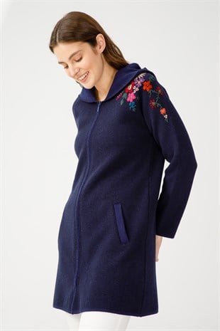 Женский шерстяной кружевной длинный кардиган пепельный темно-синий