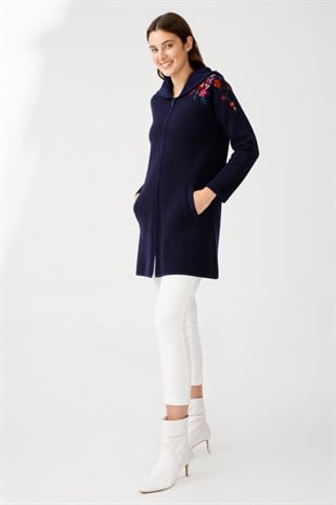 Женский шерстяной кружевной длинный кардиган пепельный темно-синий