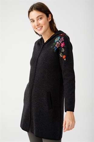 Женский шерстяной кружевной длинный кардиган черный