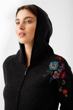 Женский шерстяной кружевной длинный кардиган черный