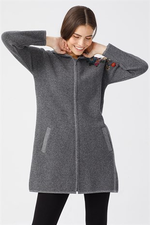 Женский шерстяной кружевной длинный кардиган серый