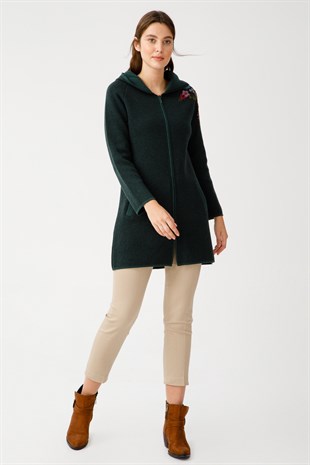 Женский шерстяной кружевной длинный кардиган зеленый