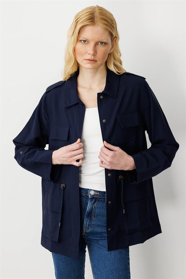 Kadın Safari Model Keten Ceket Lacivert