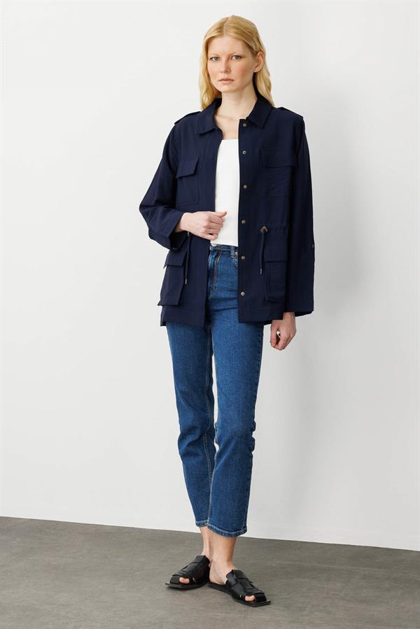 Kadın Safari Model Keten Ceket Lacivert