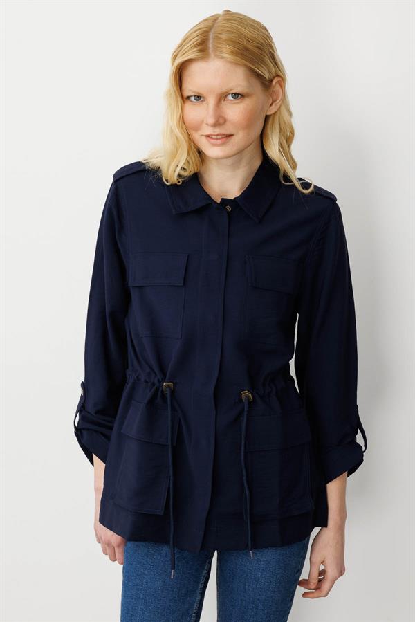 Kadın Safari Model Keten Ceket Lacivert