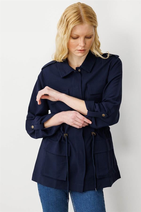 Kadın Safari Model Keten Ceket Lacivert