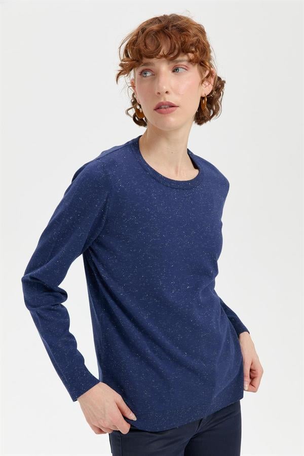 Kadın Sıfır Yaka Angelina Basic Kazak İndigo
