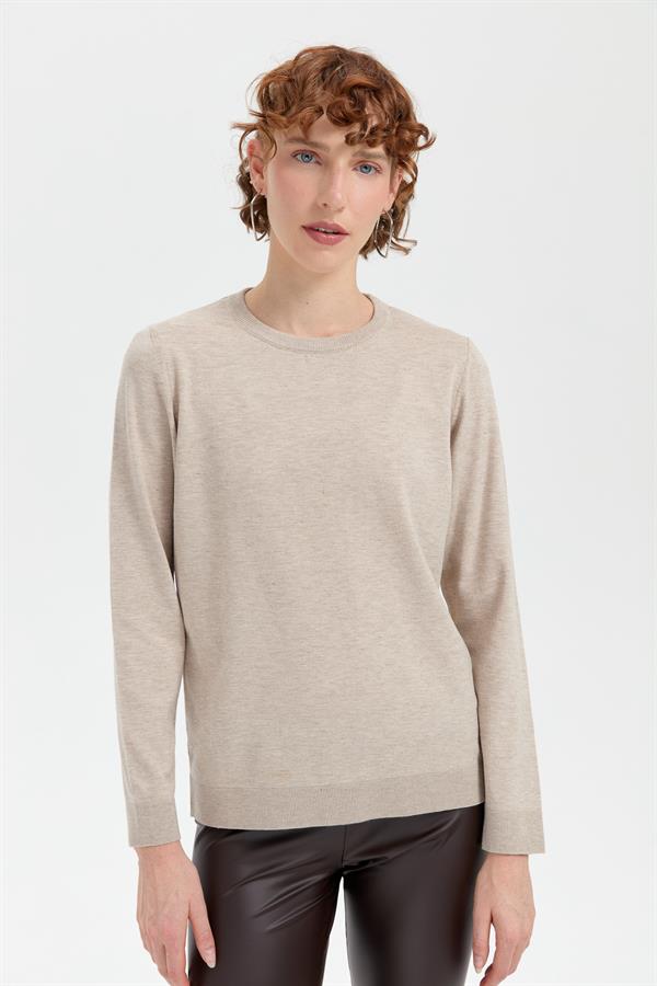 Kadın Sıfır Yaka Angelina Basic Kazak Bej/Melanj