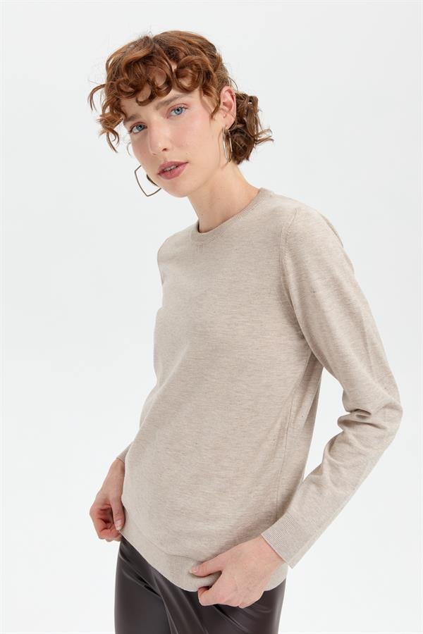 Kadın Sıfır Yaka Angelina Basic Kazak Bej/Melanj