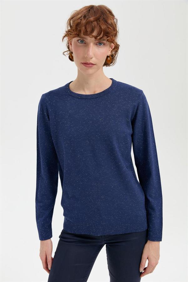 Kadın Sıfır Yaka Angelina Basic Kazak İndigo