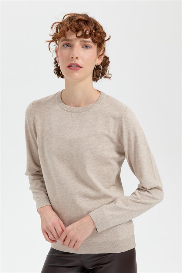 Kadın Sıfır Yaka Angelina Basic Kazak Bej/Melanj