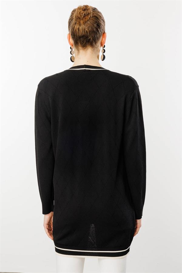 Kadın Sıfır Yaka Baklava Desenli Yazlık Hırka Siyah