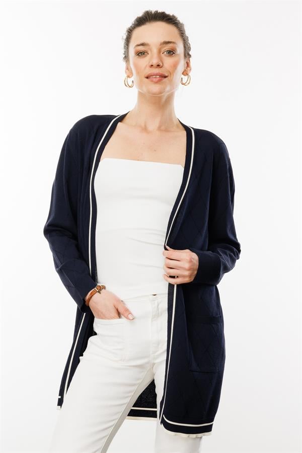 Kadın Sıfır Yaka Baklava Desenli Yazlık Hırka Lacivert