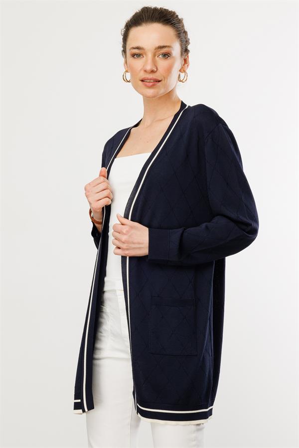 Kadın Sıfır Yaka Baklava Desenli Yazlık Hırka Lacivert